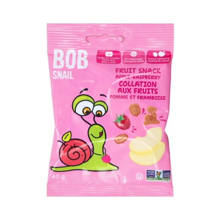 Front of Bob Snail Fruit Snack - No Added Sugar Fruit Snack - Healthy Dried Fruit Snack - Apple Raspberry