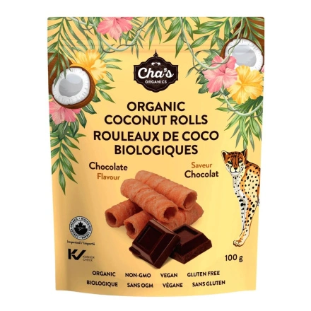 Front of Cha's Organic Coconut Rolls Chocolate