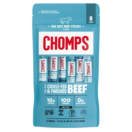 Chomps Grass-Fed Beef Jerky Stick Sea Salt, 8 Sticks Front