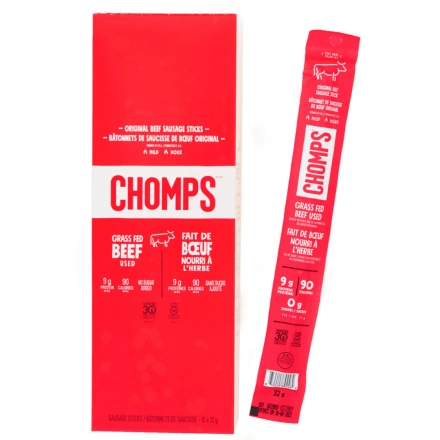 Side of Chomps Original Grass Fed Beef Sausage Sticks, 10 x 32g
