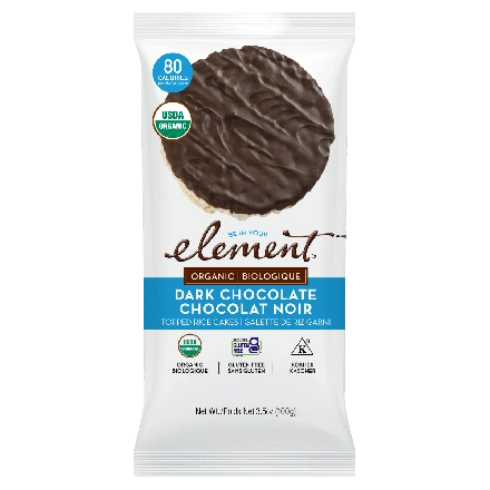 Front of Element Snacks Organic Dark Chocolate Topped Rice Cakes - Organic Chocolate Rice Cakes - Vegan Dark Chocolate Rice Cakes - Gluten-Free Rice Cakes