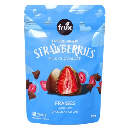 Front of Frux Freeze Dried Strawberries Covered in Milk Chocolate - Creamy Chocolate Berries - Sweet Dessert Snacks - Snackable Chocolate Fruit