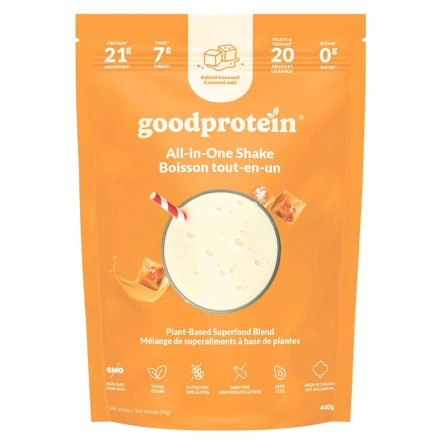 Front of Good Protein All In One Shake - Salted Caramel Protein Powder - Vegan Protein Powder - Superfood Protein Powder