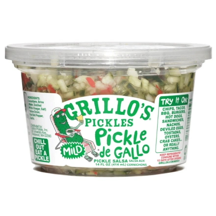Front of Grillo’s Pickles Pickle Salsa De Gallo Mild - Pickle Relish Without Preservatives - Pickle De Gallo - Unpasteurized Pickle Relish
