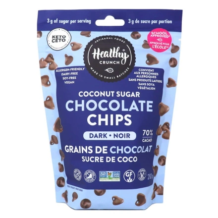 Front of Healthy Crunch Vegan Chocolate Chips Dark Chocolate Coconut Sugar Allergen Free Chocolate Paleo