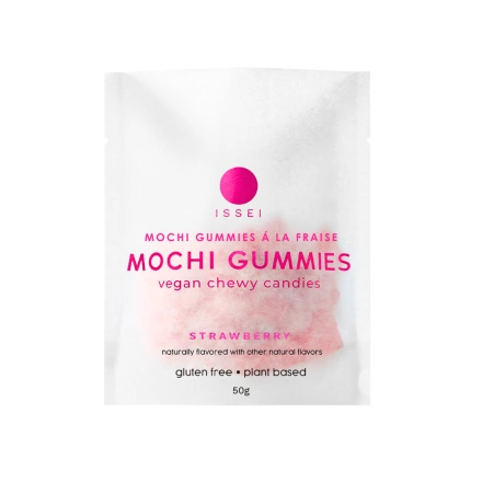 Front of Issei Mochi Gummies Vegan Gummies Japanese Candy Strawberry Mochi 