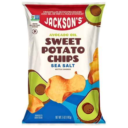 Front of Jackson's Sweet Potato Chips with Avocado Oil Sea Salt - Avocado Oil Chips Canada - Kettle Cooked Sweet Potato Chips - Sweet Potato Chips Healthy