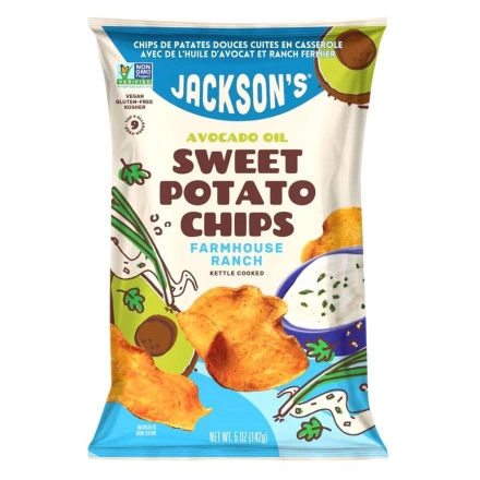 Front of Jacksons Honest Sweet Potato Chips Farmhouse Ranch - Avocado Oil Potato Chips - Healthy Sweet Potato Chips - Healthy Ranch Chips