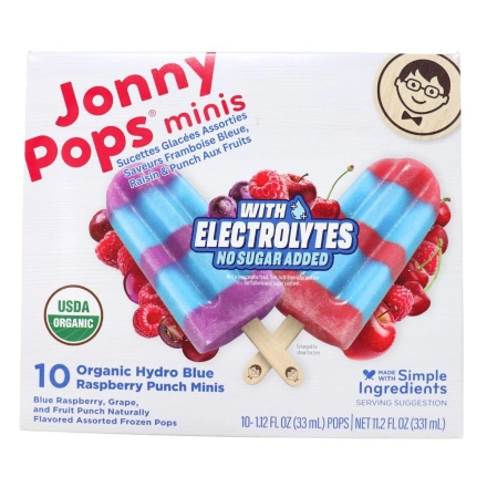 JonnyPops Organic Mini Popsicles With Electrolytes Blue Raspberry Variety Pack Front of box