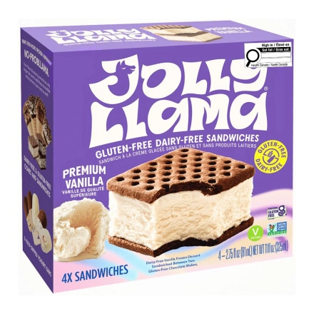 Jolly Llama Gluten & Dairy Free Ice Cream Sandwich Premium Vanilla, 4 Pack