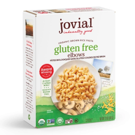 Front of Jovial Organic Gluten-Free Brown Rice Pasta Elbows - Gluten Free Elbow Pasta - Gluten Free Macaroni - Gluten Free Macaroni Pasta