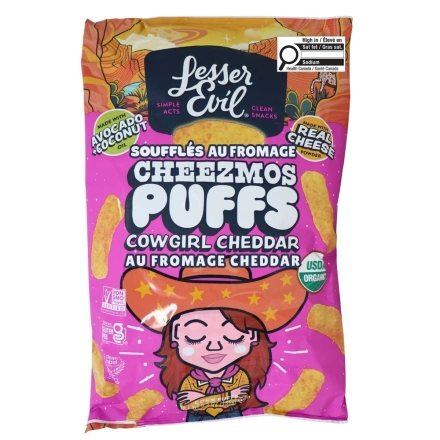 Lesser Evil Cheezmos Organic Cheese Puffs Cowgirl Cheddar Front of bag