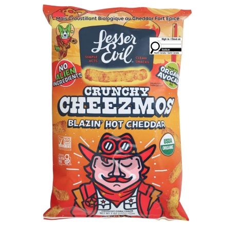 Lesser Evil Cheezmos Organic Crunchy Corn Blazin’ Hot Cheddar Front