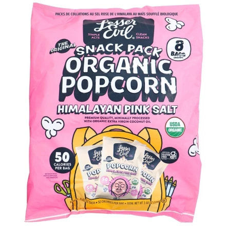 Front of Lesser Evil Organic Popcorn Himalayan Pink Salt Snack Pack - Back To School Snacks - Healthy Back To School Snacks - Gluten Free School Snacks