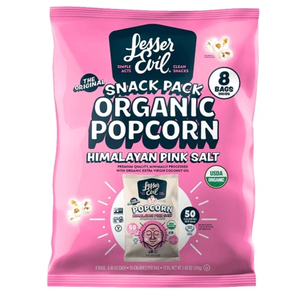 Front of Lesser Evil Organic Popcorn Himalayan Pink Salt Snack Pack - Back To School Snacks - Healthy Back To School Snacks - Gluten Free School Snacks