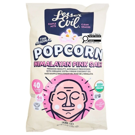 Front of Lesser Evil Organic Popcorn Himalayan Pink Salt - Gluten Free Popcorn - Popcorn Bag - Himalayan Pink Salt