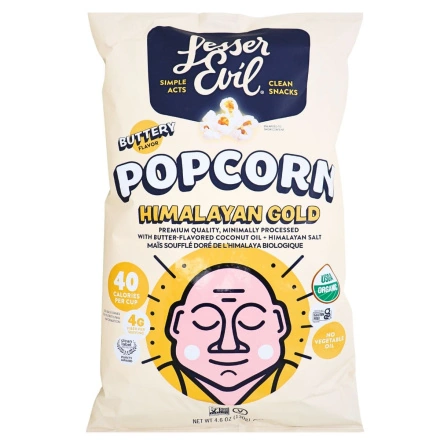 Front of Lesser Evil Organic Popcorn Himalayan Gold - Vegan Popcorn - Gluten Free Popcorn - Popcorn Bag