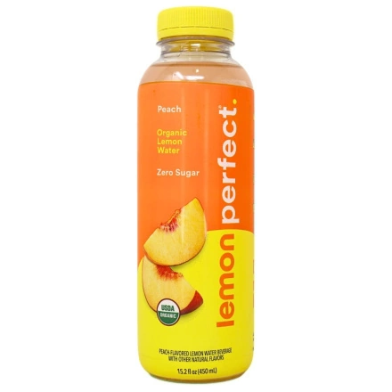 Front of Lemon Perfect Zero Sugar Organic Lemon Water Peach - Lemon Water Benefits - Healthy Flavoured Water - Detox Lemon Water