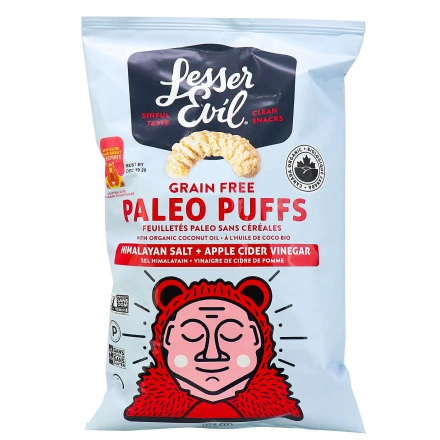 Front of Lesser Evil Organic Grain Free Paleo Puffs Himalayan Salt Apple Cider Vinegar, 140g