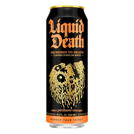 Front of Liquid Death Sparkling Water Squeezed To Death Citrus Orange Sparkling Water - Canned Sparkling Water - Water In A Can - Sparkling Water Can