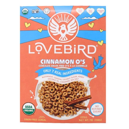 Front of Lovebird Foods Grain-Free O’s Cereal Cinnamon - Gluten Free Cereal - Grain Free Breakfast - Non-GMO Cereal