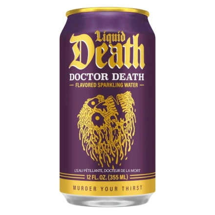 Front of Liquid Death Sparkling Water Doctor Death - Liquid Death Sparkling Water - Low Calories Drink - Liquid Death Mountain Water
