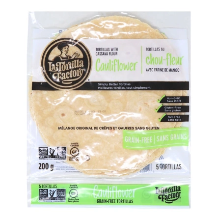Front of La Tortilla Factory 8” Cauliflower Tortillas - Gluten Free Tortillas - Nut-Free Tortillas - Cassava Flour Tortillas