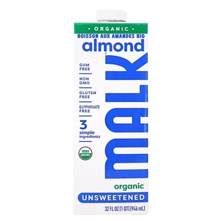 Front of MALK Organic Almond Milk Unsweetened - Gum Free Almond Milk - Dairy Free Milk - Non-GMO Milk