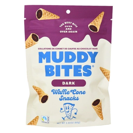 Front of Muddy Bites Waffle Cone Snacks Dark Chocolate - Waffle Cone Snacks - Chocolate Waffle Cone Bites - End Of Ice Cream Cone Snack