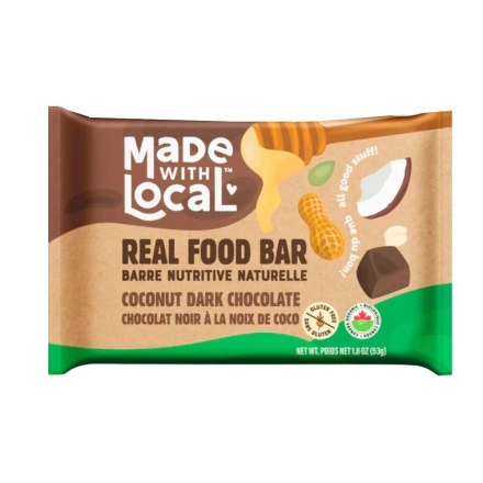 Front of Made With Local Real Food Bar Coconut In The Dark