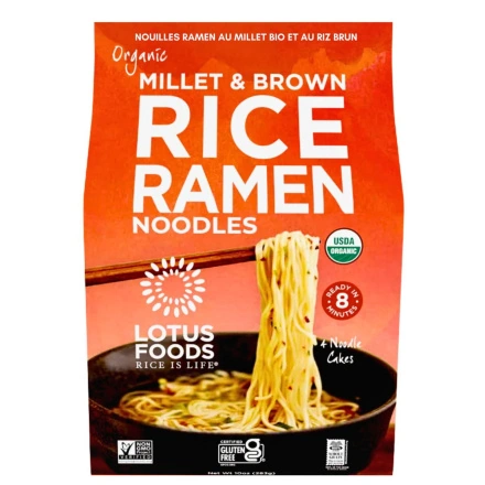 Front of Lotus Foods Organic Millet and Brown Rice Ramen Noodles - Gluten Free Instant Noodles - Organic Instant Noodles - Gluten Free Ramen