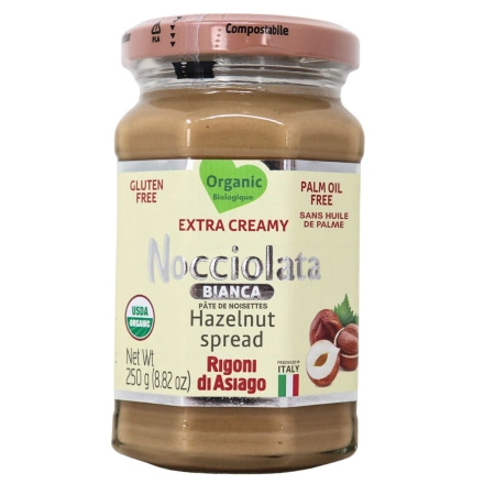 Front of Nocciolata Palm Oil-Free Organic Hazelnut Spread Bianca - Healthy Nut Spread - Extra Creamy Organic Hazelnut Spread - Gluten Free Hazelnut Spread