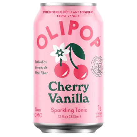 Front of OLIPOP Low Sugar Prebiotic Sparkling Tonic Cherry Vanilla - Prebiotic Drink - Best Prebiotic Drink - Gut Health Drink