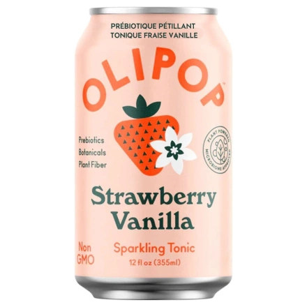 Front of OLIPOP Low Sugar Prebiotic Sparkling Tonic Strawberry Vanilla - Strawberry Vanilla Soda - Healthy Strawberry Drink - Healthy Cream Soda