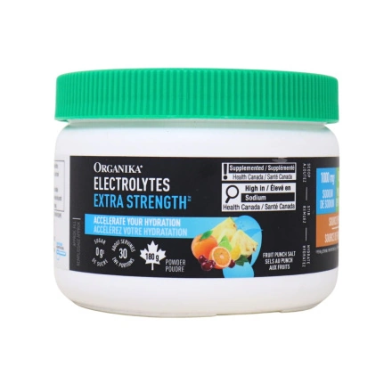 Front of Organika Sugar-Free Electrolytes Extra Strength Fruit Punch - Healthy Electrolyte Powder - Electrolyte Supplement - Natural Electrolyte Drink