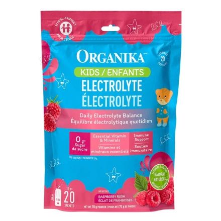 Front of Organika Sugar-Free Electrolytes - Raspberry Electrolytes - Kids Electrolytes - Electrolytes Packets - Electrolytes Sachet