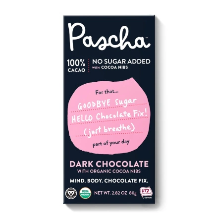 Front of Pascha Black Bar 100% Cacao Dark Chocolate with Cocoa Nibs, 80g