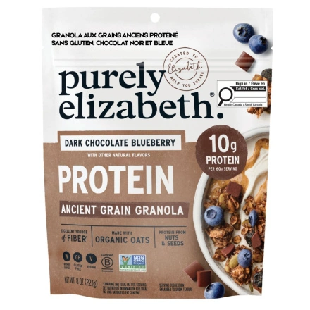 Purely Elizabeth Ancient Grain Protein Granola Dark Chocolate Blueberry Front of bag
