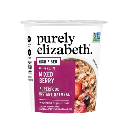 Front of Purely Elizabeth Gluten-Free Instant Superfood Oatmeal Cup Mixed Berry with Prebiotic Fiber - Purely Elizabeth Mixed Berry Oats - Prebiotic Oatmeal On The Go - Gluten Free Fruit Oatmeal Cup