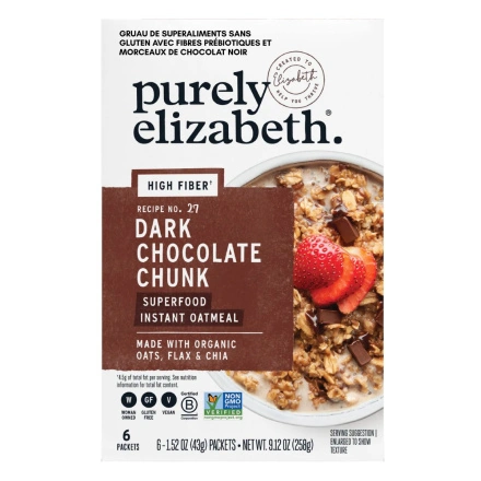 Front of Purely Elizabeth Superfood Oatmeal with Prebiotic Fiber Dark Chocolate Chunk - Oatmeal With Protein - Best Protein Oatmeal - Instant Protein Oatmeal