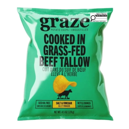 Graze Potato Chips Kettle Cooked in Grass-Fed Beef Tallow Salt & Vinegar Front of bag