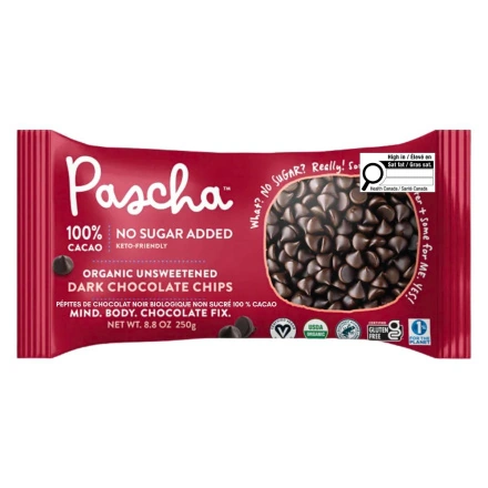 Front of Pascha 100% Cacao Organic Unsweetened Dark Chocolate Chips - Sugar-Free Chocolate - Keto Chocolate - Vegan Chocolate