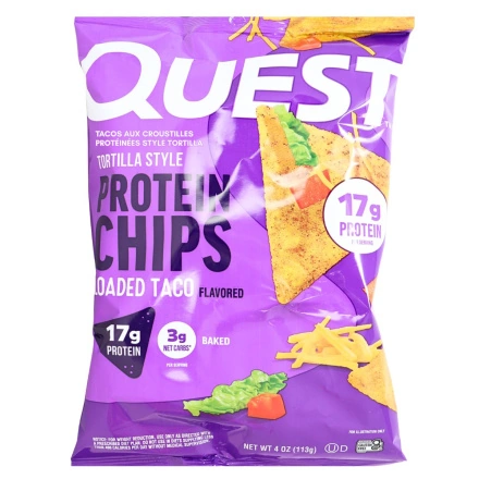 Front of Quest Tortilla-Style Protein Chips Loaded Taco - Healthy Chips Canada - Keto Taco Chips - Taco Flavoured Chips