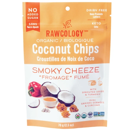 Front of Rawcology Smoky Cheeze Superfood Coconut Chips, 70g