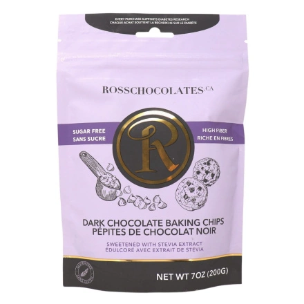 Front of Ross Chocolates Sugar-Free Chocolate Chips Keto Baking Chips Stevia Chocolate Chips Dark