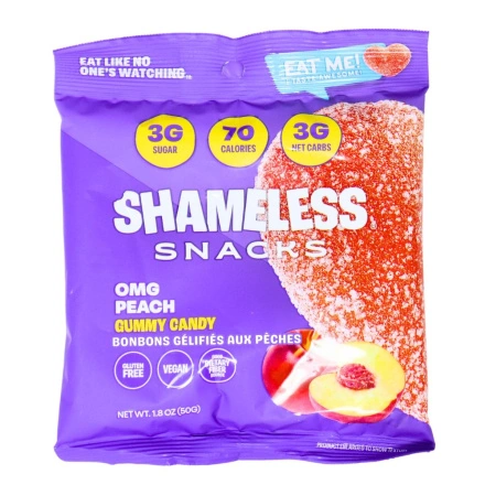 Front of Shameless Snacks Low-Sugar Gummy Candy OMG Peach, 50g