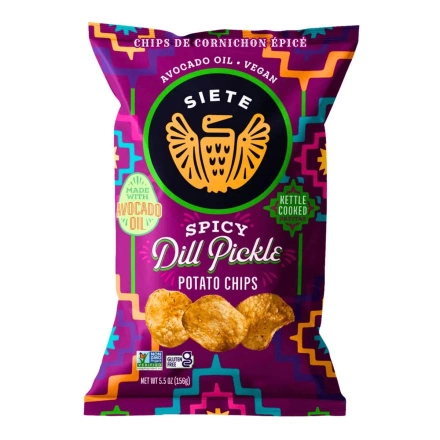 Front of Siete Chips - Siete Potato Chips - Spicy Dill Pickle Chips - Kettle Cooked Chips - Avocado Oil Chips
