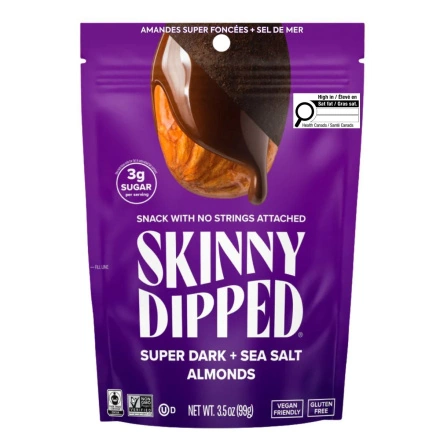 Front of Skinny Dipped Almonds Super Dark + Sea Salt - Low Sugar Snacks - Chocolate Covered - Dark Chocolate Covered Almonds