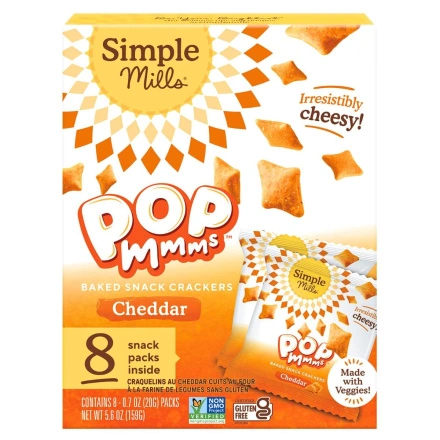 Front of Simple Mills Cheddar Pop Mmms Baked Crackers Snack Pack - Simple Mills Crackers - Vegetable Crackers - Gluten Free Crackers