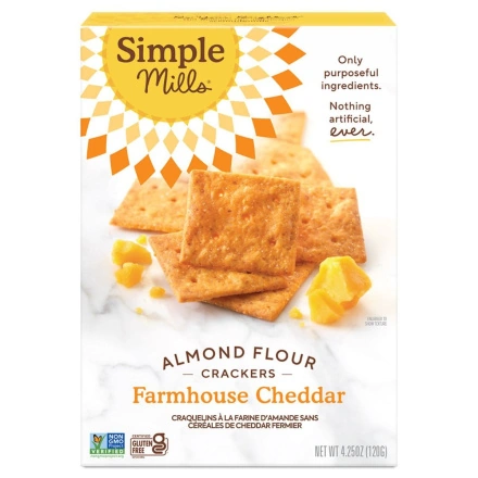 Front of Simple Mills Grain-Free Almond Flour Crackers Farmhouse Cheddar, 120g